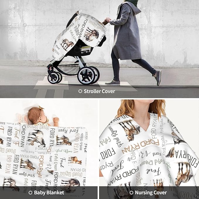 Personalized Winter Baby Car Seat Cover with Name Horse Winter Car Seat Cover for Baby Seat or Stroller Custom Infant Car Seat Covers Minky Blankets Nursing Cover Breastfeeding Scarf