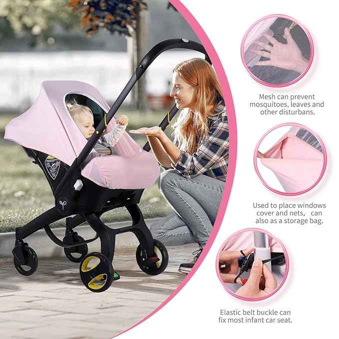 Baby Car Seat Cover, Original Carseat Covers with Adjustable Breathable Mesh Window & Pocket, Stretchy Infant Car Seat Canopy for Girls Boys, Kick-Proof Stroller Cover for Summer