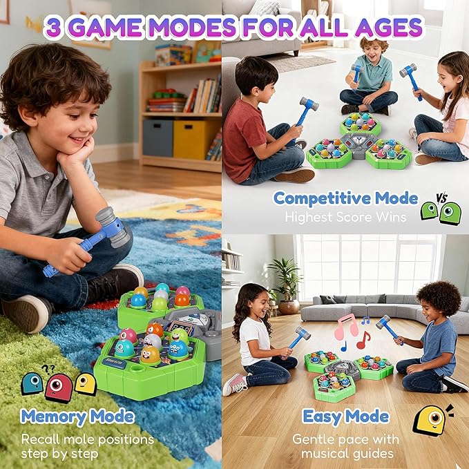 TooLion 3-Player Whack Game Mole for Kids 3-12 Boys Girls - 3 Independent Game Boards,3 Modes with Sound & Light,Safe Educational Pounding Toy,Christmas Birthday Gift for Multi-Kid Families,Green
