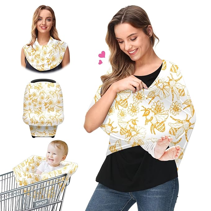Baby Car Seat Stroller Covers Honey Bee Queen Collect Nectar Nursing Cover Breastfeeding Scarf Soft Breathable Stretchy Infant Car Canopy Coverage Carseat Cover for Boys and Girls Multi Use