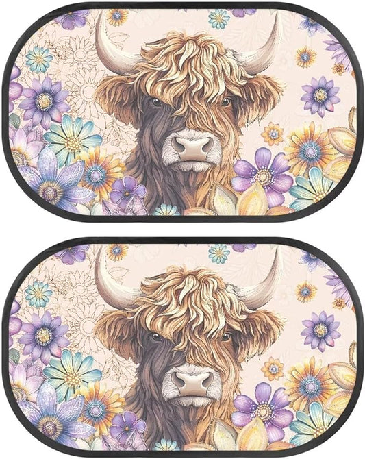 Bulopur Highland Cow Car Window Shades 2 PCS Sun Shades for Back Windows Dahlia Floral Baby Car Seat Sun Protection Easy to Install Mesh Car Window Covers Universal Sunshade Sunvisor
