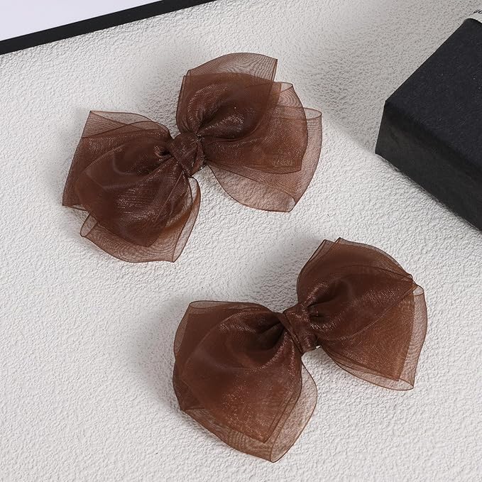 Brown Mesh Hair Bows Alligator Clip 4" Organza Double Tulle Bow Hair Barrettes Pins Happy Fall Thanksgiving Dress Outfit Decoration Accessory Gift for Teens Toddler Girls Kid Child