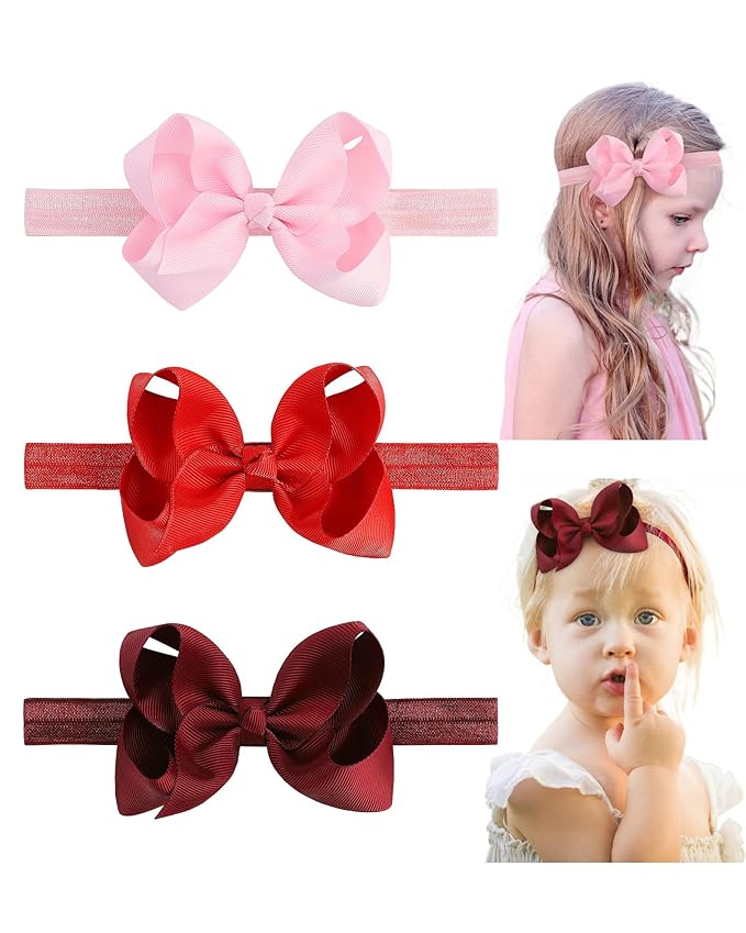 jollybows Hairband - 3 PCS 4" Baby Girls Headbands Boutique Grosgrain Ribbon Hair Bows for Baby Girls Infants Toddler Kids Teens and Children - Pink, Red, Burgundy