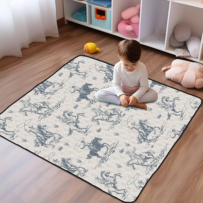 Baby Play Mat Western Cowboy Horse Retro 50" X 50" Play Gym Crawling Mat Soft Non-Slip Portable Picnic Floor Mat for Infant, Babies, Toddler, Kids