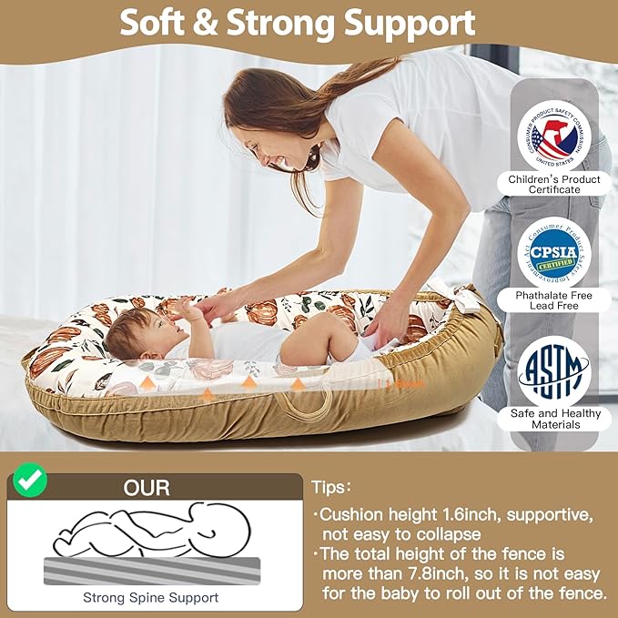 Infant Support Cushion - Breathable and Soft Organic 100% Cotton, Portable Tummy Time Mat with Removable Cover, Newborn Baby Essentials Gifts for 0-24 Months - Punpkin