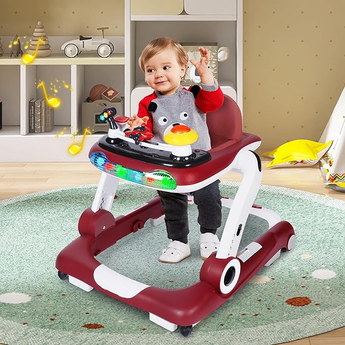 TODEFULL 6 in 1 Baby Walker, Baby Activity Walker for Toddler, Push Walker w/Adjustable Height Speed, Learning-Seated & Walk-Behind, Infant Walker w/Feeding Tray & Music Toys, Red