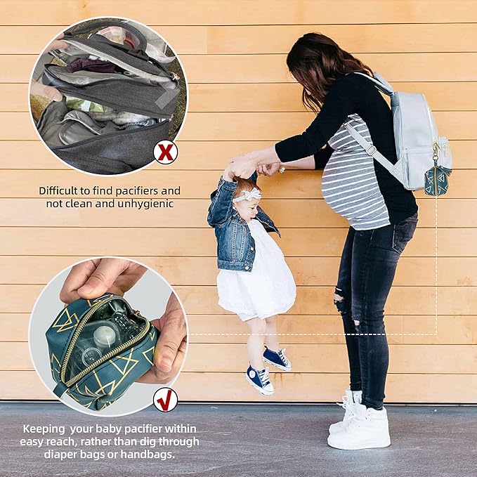 Smlpuame Pacifier Holder Case,BPA Free Leather Baby Pacifier Cover Pouch,Binky Case for Diaper Bag or Purse,Holder 4 Pacifiers or Teether Toy,Outdoor Travel Accessories,Easy to Clean(Dark Grey Blue)