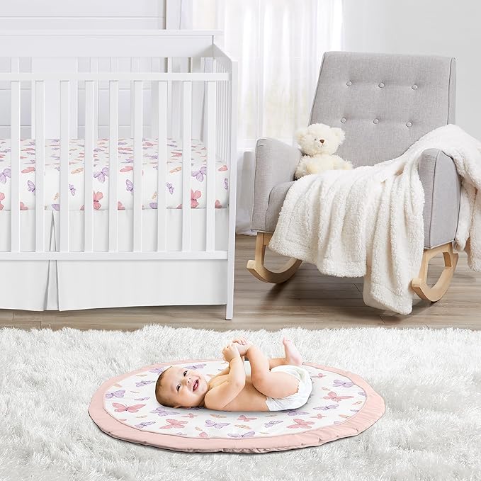 Sweet Jojo Designs Pink/Purple Shabby Chic Butterfly Girl Baby Play Mat Tummy Time Activity, Toddler Floor Infant Playmat - Colorful, Butterflies, Pastel, Lilac, Watercolor, Blush, Yellow, Lavender