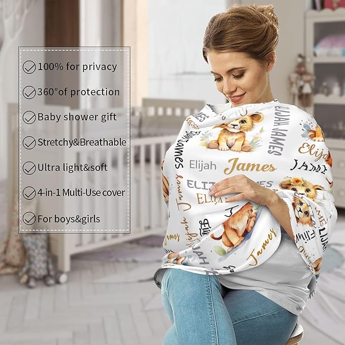 Personalized Baby Car Seat Covers for Babies, Custom Lion Nursing Breastfeeding Carseat Canopy with Name, Infant Stroller Covers for Newborn Girls Boys, Breathable Carseat Cover