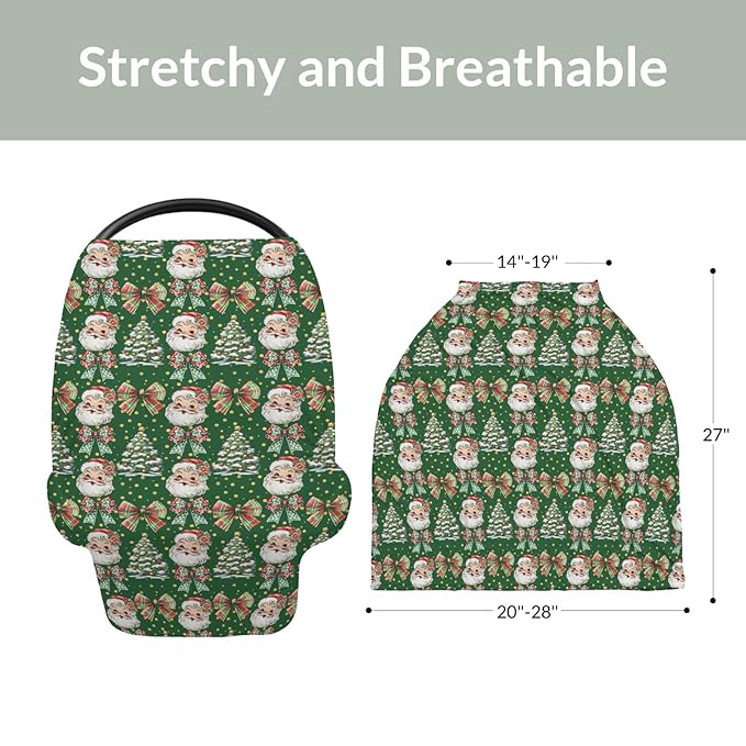 Christmas Santa Trees Car Seats Cover for Babies Santa Claus Red Green Bows Stretchy 5-in-1 Cover Adjustable Car Canopy Cover Winter Holiday Breathable Nursing Cover-Up