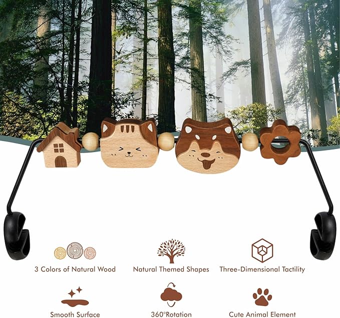 iGRATENS Three-Dimensional Baby Bjorn Bouncer Toy Bar, Toy for Baby Bouncer Soft & Bliss, Easy to Attach and Remove, 360°Rotating Natural Wooden Toys, Double-Sided Raised Design, Cat & Dog