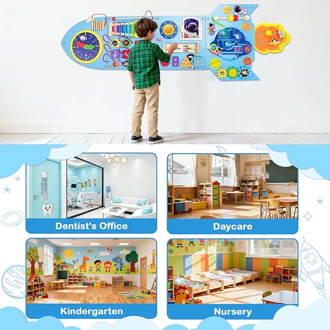 Montessori Busy Board, Sensory Wall Panel for Kids, Activity Wall Busy Board with DIY Rocket Stickers, Activity Cube Wooden Boards for 3+ Years Old