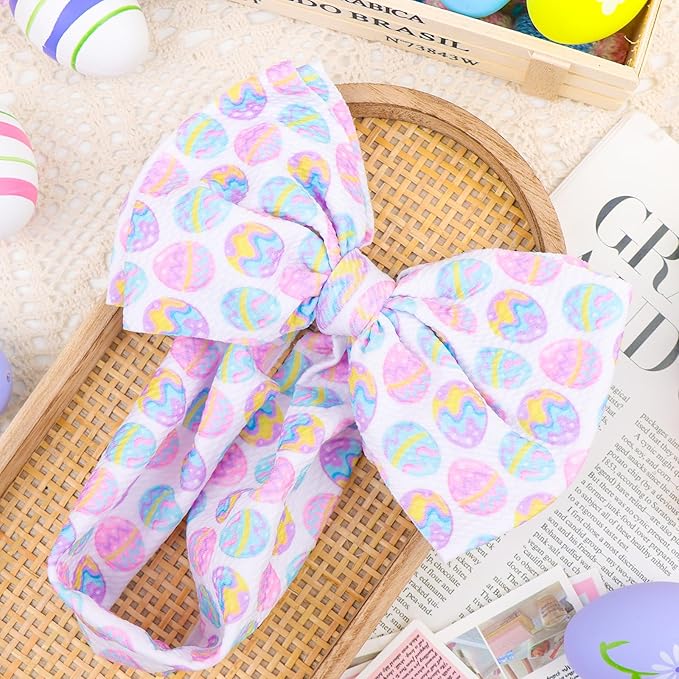 7” Large Baby Bows Easter Egg Bows Headbands for Girls Newborn Infant Elastic Tied Hairbands Bows Easter Cute Hair Accessories Gift Pink White Blue