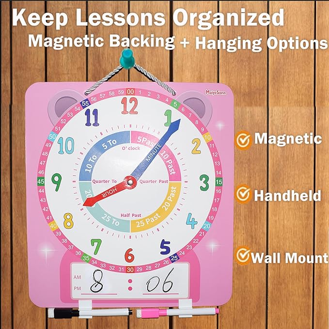 Teaching Clocks for Kids, Large Magnetic Writable Dry Erase Learning Clock with Pen,12" Teaching Demonstration Clock Learning Time to Tell Time for Kids Home School Classroom Supplies-Pink
