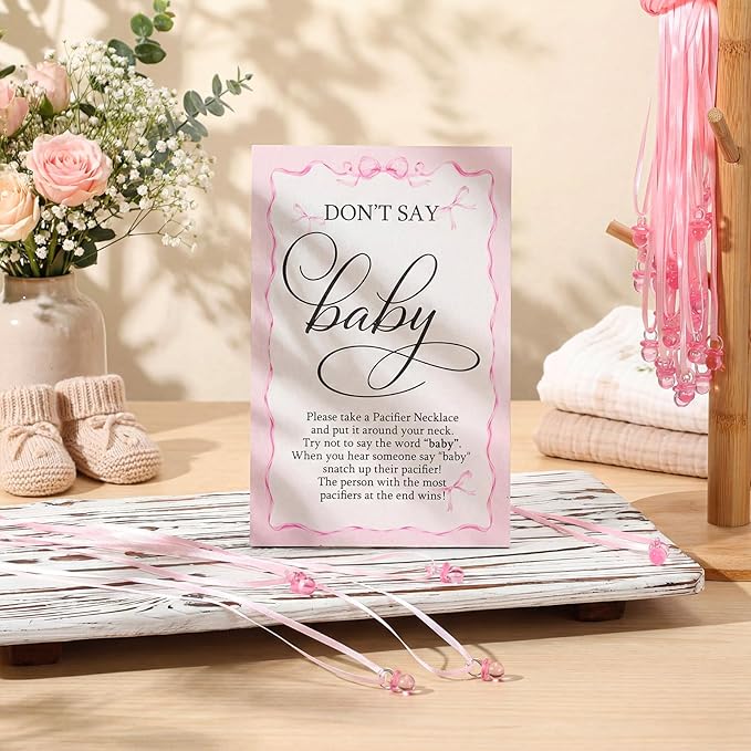 Geetery 51 Pcs Don't Say Baby Game Sign Cool Baby Shower Game 50 Pacifier Necklace Wooden Don't Say Sign Plastic Pacifier Party Favor for Gender Reveal (Pink Bow,Pink)