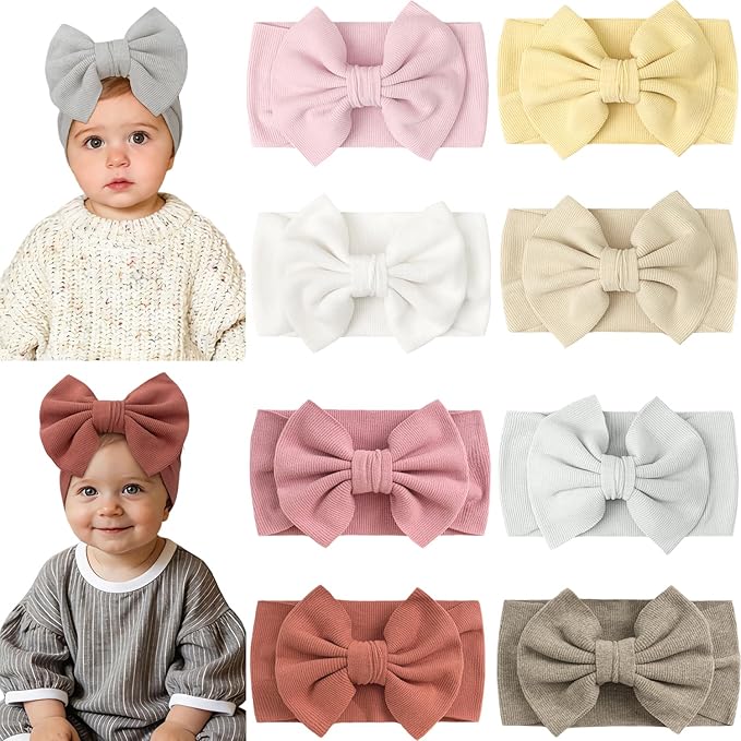 CÉLLOT 8 Colors Super Stretchy Soft Knot Baby Girl Headbands with Hair Bows Nylon Head Wrap For Newborn Baby Girls Infants Toddlers Kids(Light Colors)