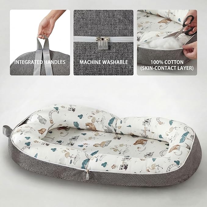 Baby Lounger for Newborn, 0-12 Months, Portable Infant Lounger Pillow with Adjustable Support, Soft Breathable Cover, Folds Into Backpack for Travel, Ideal for Home & Outdoor Use - White