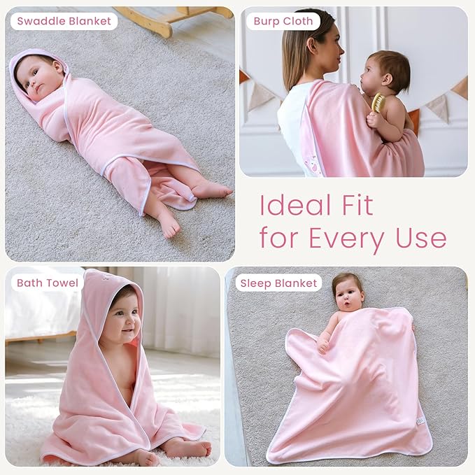 Softan Baby Hooded Towels and Washcloths Set 6 Pack, 28x28 Ultra Soft & Absorbent Baby Bath Towels for Newborn Infant Toddler, Unisex Boys Girls (Pink Elephant)
