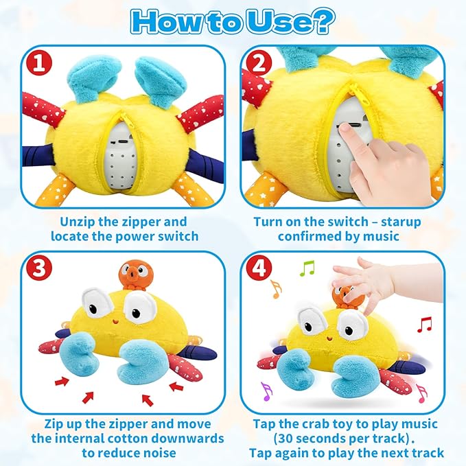 Infowush Baby Toys 6-12-18 Months - Musical Crawling Crab Plush Toy, Dancing Walking Bouncing Tummy Time Toy Interactive Sensory Learning Toys for Toddlers 1-3, Birthday Gifts for Infants Boys Girls