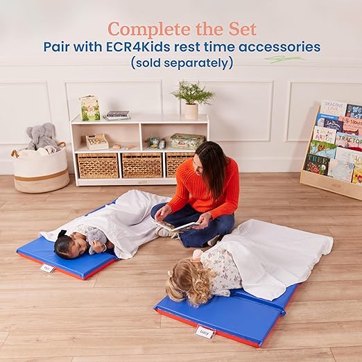 ECR4Kids Premium Folding Rest Mat, 4-Section, 2in, Sleeping Pad, Blue/Red