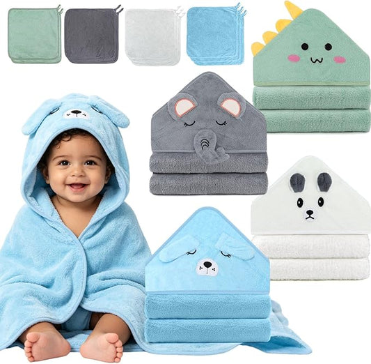 14PCS Baby Bath Towels Set, 4PCS Animal Hooded Baby Towels(31.5''x31.5'') & 10PCS Washcloths for Newborn, Toddler, Soft and Absorbent Coral Fleece, Essential Gifts for Boys & Girls