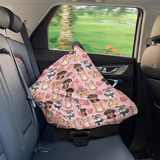 GIFTPUZZ Cute Dogs Stretchy Car Seat Cover for Babies, Nursing Cover Breastfeeding Cover, Soft Breathable Infant Carseat Canopy, Shopping Cart Cover, Baby Shower Gifts for Boys and Girls