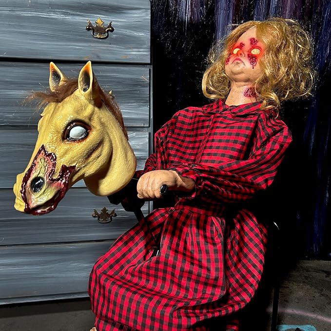 Haunted Hill Farm 3.2-Ft Animatronic Rocking Horse Girl, Halloween Animatronic, Creepy Gothic Horror Movie Décor, Scary Macabre Party Decoration with Voice & Sound-Activated Lights & Sound, Life-Size