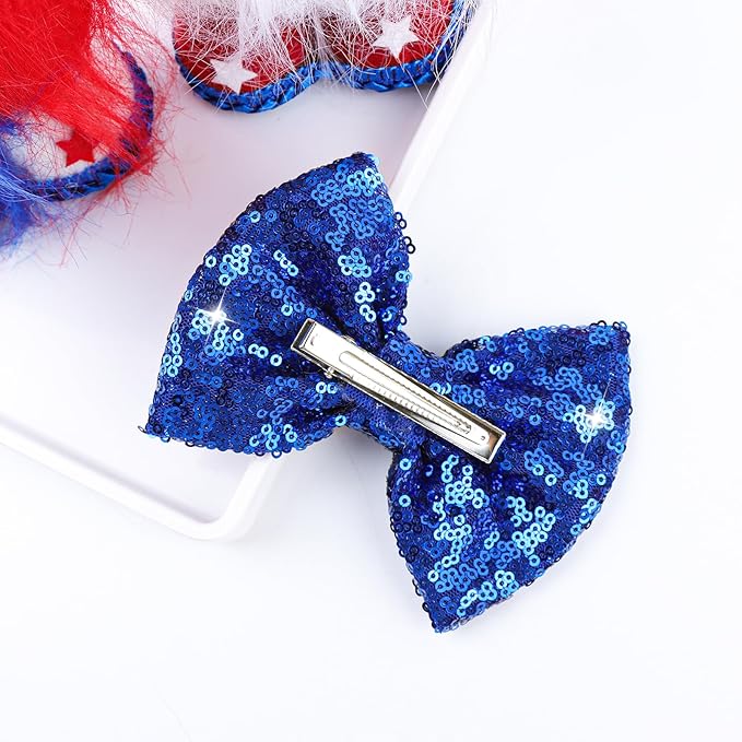 4th of July Alligator Clips with Sequins, Sparkly Glitter Hair Accessories for Toddler Girls - Patriotic Blue Baby Gift