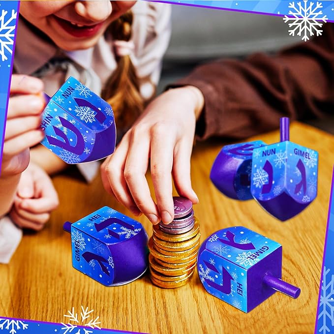 Wonderjune 2 Pcs Hanukkah Dreidels Extra Large Wooden Dreidel for Hanukkah Decoration with English Transliteration, Forever Spinning Tops Party Favors(Snowflake)