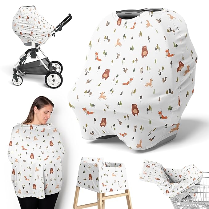 Sweet Jojo Designs Baby Car Seat Cover (Woodland Animals) for Girls & Boys, Infant Multipurpose Nursing, Breastfeeding, High Chair, Shopping Cart, Stroller, Carseat Canopy Carrier (Sage Green, Forest)