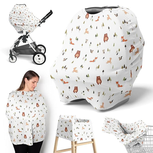 Sweet Jojo Designs Baby Car Seat Cover (Woodland Animals) for Girls & Boys, Infant Multipurpose Nursing, Breastfeeding, High Chair, Shopping Cart, Stroller, Carseat Canopy Carrier (Sage Green, Forest)