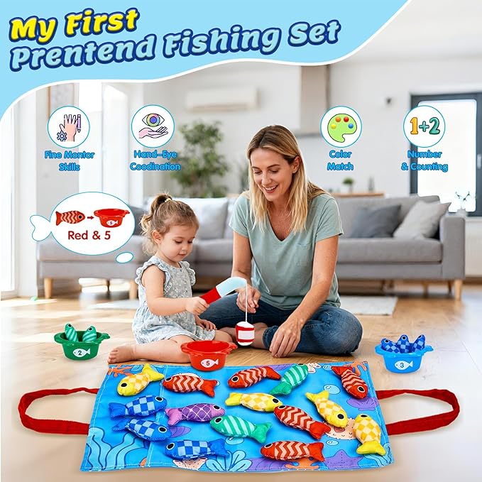 Montessori Toys for 1 Year Old Boy Girl Birthday Gift- Cloth Fishing Game for Toddler1-3 with Stacking Cups Number Color Counting, Learning Educational Toys Baby Toys 12-18 Months