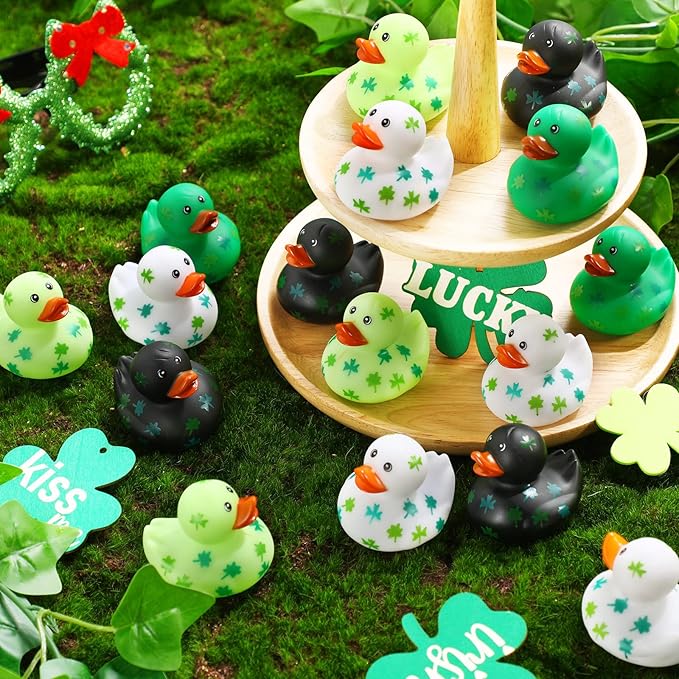 Jerify 24 Pcs 2 Inch St. Patrick's Day Rubber Ducks Bulk Holiday Rubber Ducks 4 Styles Shamrock Cruise Ducks Baby Shower Duck Bath Pool Birthday Irish Kids Gifts for Party Favors Accessories