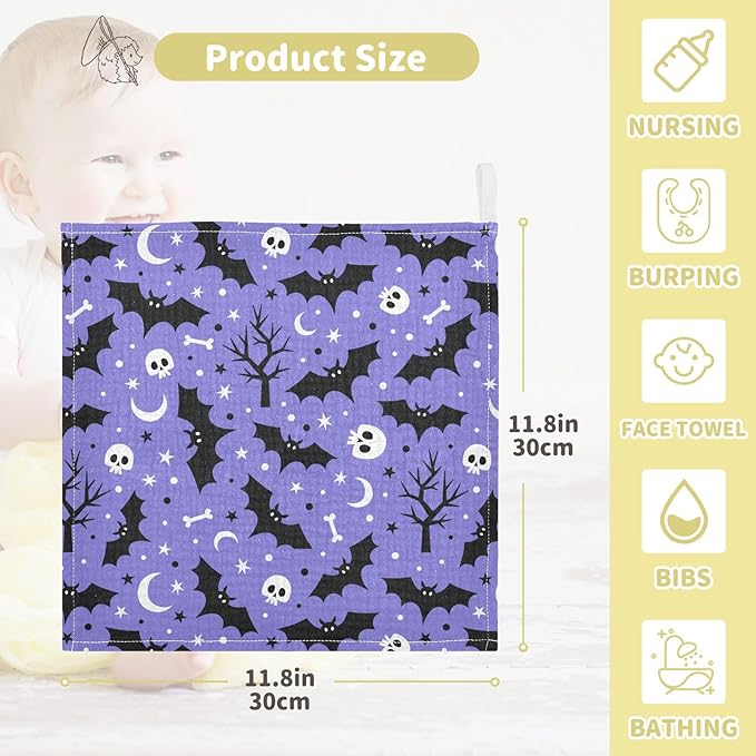 Halloween Bats Skull Baby Washcloths Newborn Muslin Burp Cloths 3 Pack Soft Cotton Baby Face Bath Towel Drool Bibs for Infants, Girls and Boys 11.8 x 11.8 Inch