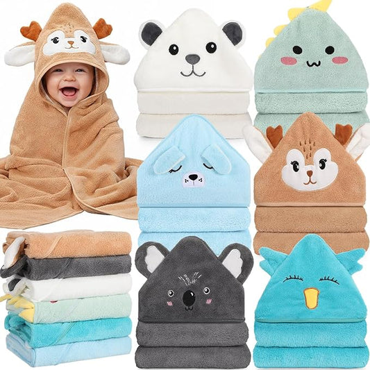 SmoothNovelty 6 Pack Baby Hooded Towels Infants and Toddlers Coral Fleece Baby Bath Towels 31.5 x 31.5 Inch Absorbent Cute Soft Newborn Bath Essentials Gifts for Boys & Girls(Multicolor,Elegant)