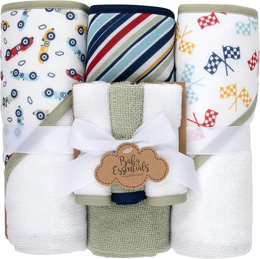 Baby Bath Essential Hooded Baby Bath Towel and Washcloth 6 Piece Set for Newborns, Infants & Toddlers, Boys & Girls Baby Hooded Towels Set (Racecars)
