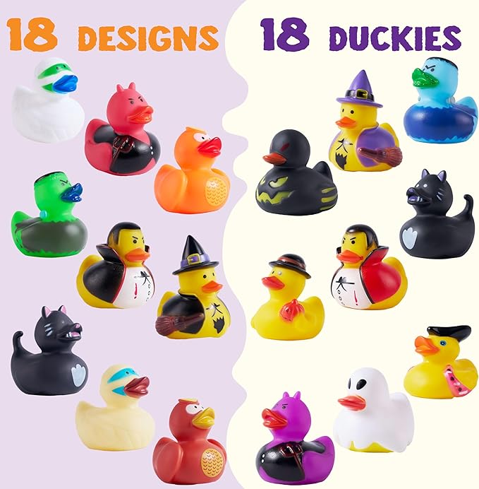 JOYIN 18 PCS Halloween Rubber Ducks, Halloween Ducks Toys for Trick or Treating Goodie Bag Fillers, Bathtub Toys Duckies for Halloween Party Favors Decorations, School Classroom Game Prizes