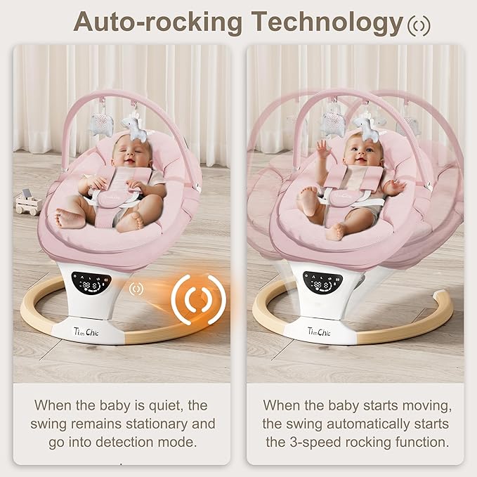 Baby Swings for Infants, Portable Infant Swing with 5-Speeds, 3-Adjustable Height, 3 Timer & 12 Lullabies, Mutil-Function Electric Swing for Baby, Indoor & Outdoor Use (Pink)