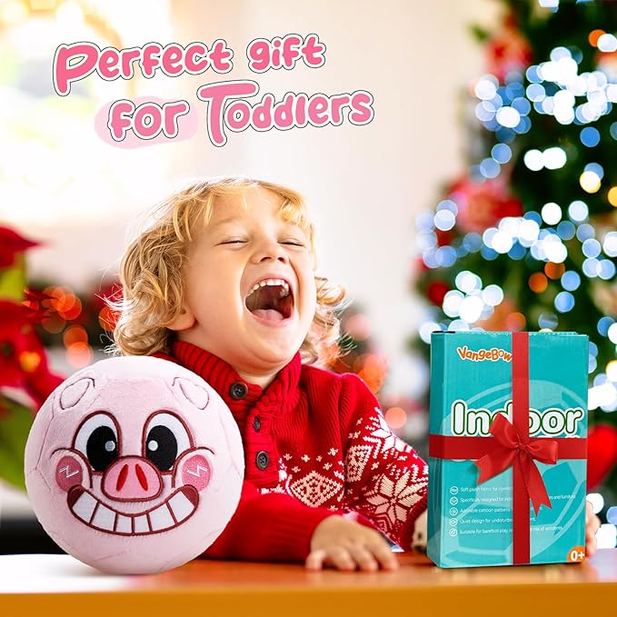 VangeBow Silent Indoor Soccer Balls for Toddlers 1-3, Inflatable Soft Plush Baby Toddler Soccer Ball Toys Gifts for 1 2 3 4 5 Year Old Boy Girl First Birthday Gift (Pink Piggy, Pump Include)