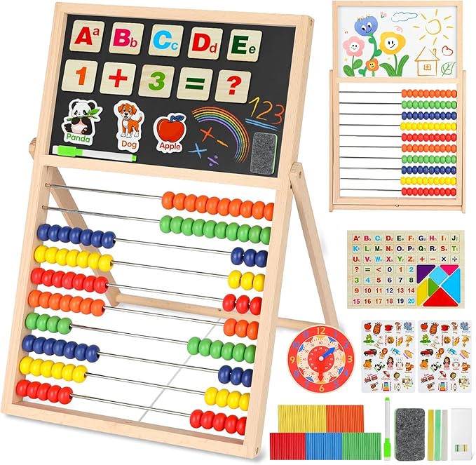 Wooden Abacus for Kids Math – Double-Sided Drawing Board with 100 Counting Sticks, 3 Sets Cards, Clock & Accessories, Educational Learning Toy for Ages 3-8, Homeschool & Preschool Essentials