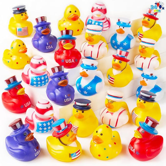 JOYIN 24 Pcs Patriotic Rubber Ducks, Red White Blue 4th of July Bulk Ducks with 8 Patriotic Designs, Independence Day Party Favor Gift Bath Toys for Kids Toddlers