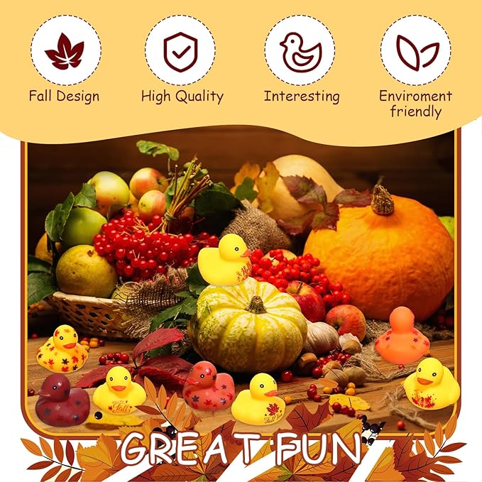 Hiboom 48 Pcs Thanksgiving Rubber Ducks 1.57 Inch Fall Rubber Duck with Leaf Pumpkin Printed Fall Themed Bathtub Toys Gifts Table Decor Thanksgiving Party Favor (Vibrant)