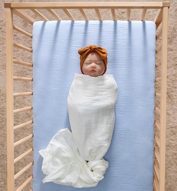 Meracorallo Muslin Mini Crib Sheet, Pack n Play Fitted Sheet, Soft and Breathable Pack and Play Playard Mattress Sheet for Baby Boys and Girls, Sky Blue