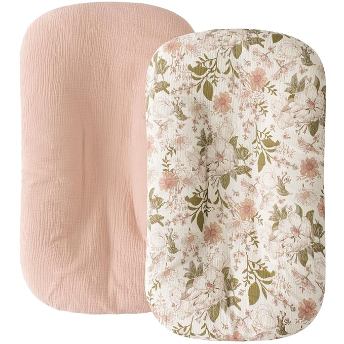 Little Jump Cotton Muslin Baby Lounger Covers, 2 Pack, Soft Removable Slipcovers for Newborn Infant Lounger, for Girls Boys (Blossom)