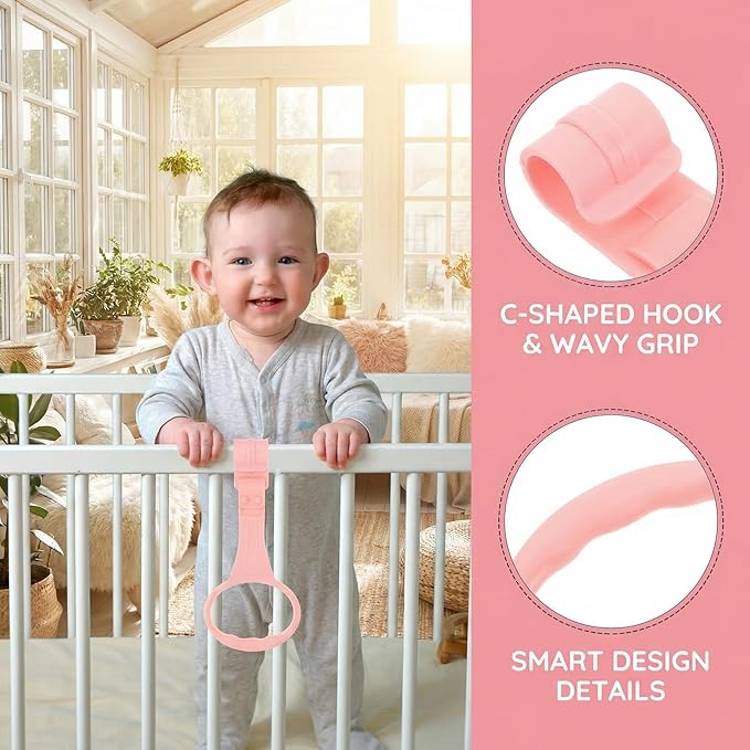 SAFIGLE 4pcs Pull up Rings Standing Walker Crib Tool Ring Playpen Crib Hook Help Stand Up Walking Training Tool for Newborn Pink Supplies