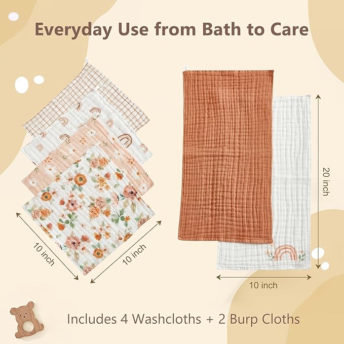 6-Pack Baby Washcloths & Long Towels, 100% Cotton Muslin Face Towels for Baby & Mom, Ultra-Soft Newborn Essentials with Gift Box, for Boys & Girls (Sunshine Rainbow Floral Series)