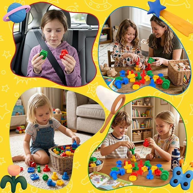 Bbiamsleep 40 Pcs Plastic Nuts and Bolts for Kids Fine Motor Skills Nuts and Bolts Toys Shapes Color Matching Toys for Sorting Counting Training Preschoolers(Random)