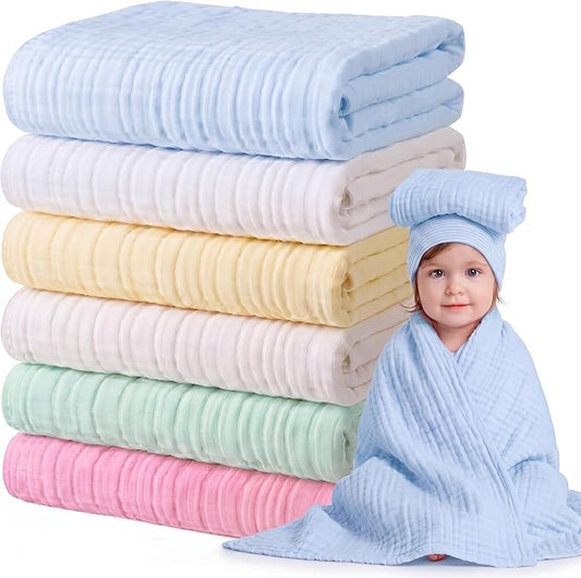 Chumia 6 Pack Baby Muslin Bath Towels Set – Large 43.3x43.3 Inch 6 Layers Soft Cotton Breathable Quick Dry Swaddle Blankets for Newborns, Infants, Toddlers (Multicolor)