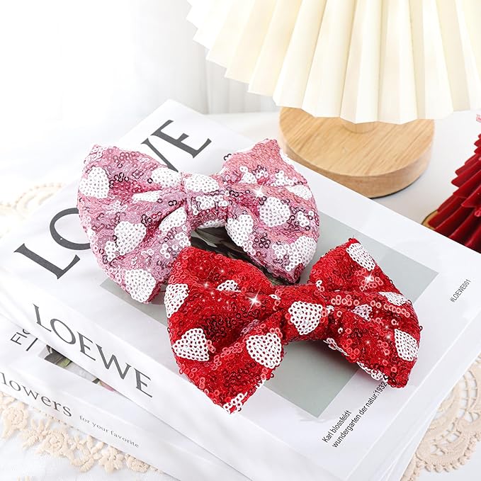 Valentine's Day 5 Inch Glitter Hair Bows Clips Large Sequins Bow Hair Clips Red Pink Love Heart Hair Barrettes Hair Accessories for Girls Children Kids 2Pcs