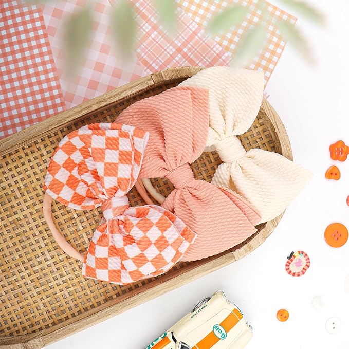 YanJie 3PCS 4.5’’ Checkered Bows for Baby Girls Headbands Orange Headband Beige Hair Accessories for Girls Newborn Girl Clothes Baby Girl Outfits
